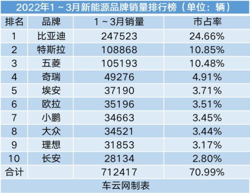 2022年新能源汽车排名？